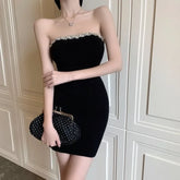 BXOXO Off Shoulder Diamond Strapless Dress for Women Sexy Slim Waist Black Bodycon Dresses 2025 Summer New Vestidos De Mujer